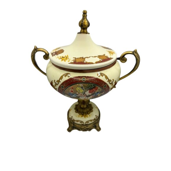 Vintage Ornate Porcelain & Brass Lidded Urn With Floral Motif & Dual Handles - Picture 2 of 11